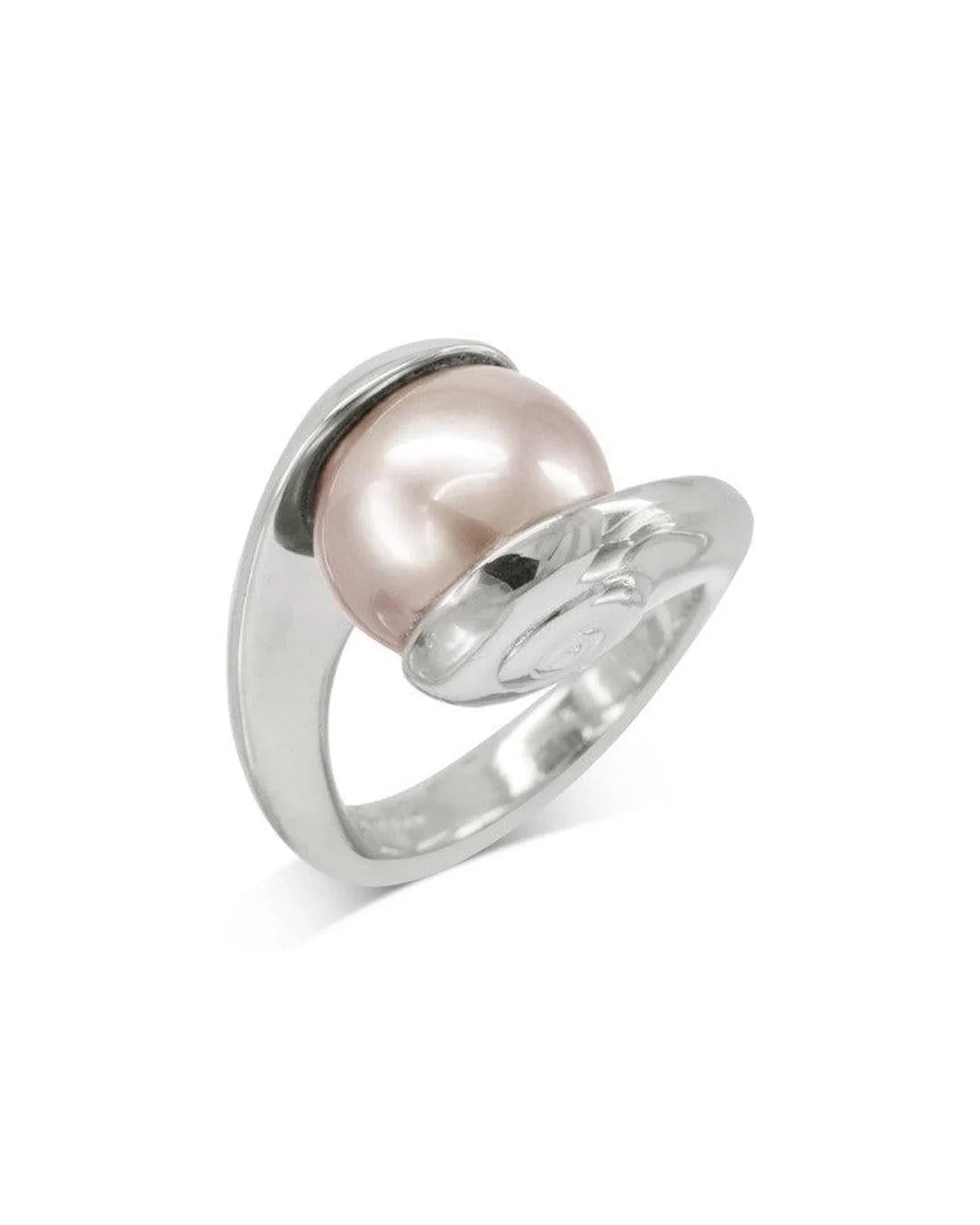Handcrafted silver ring with a suspended pink pearl in a modern, organic design