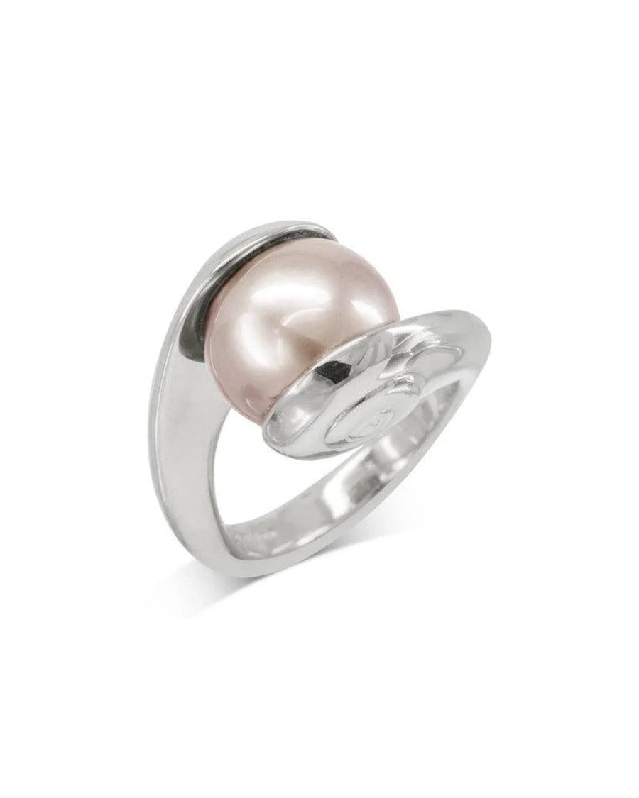 Handcrafted silver ring with a suspended pink pearl in a modern, organic design