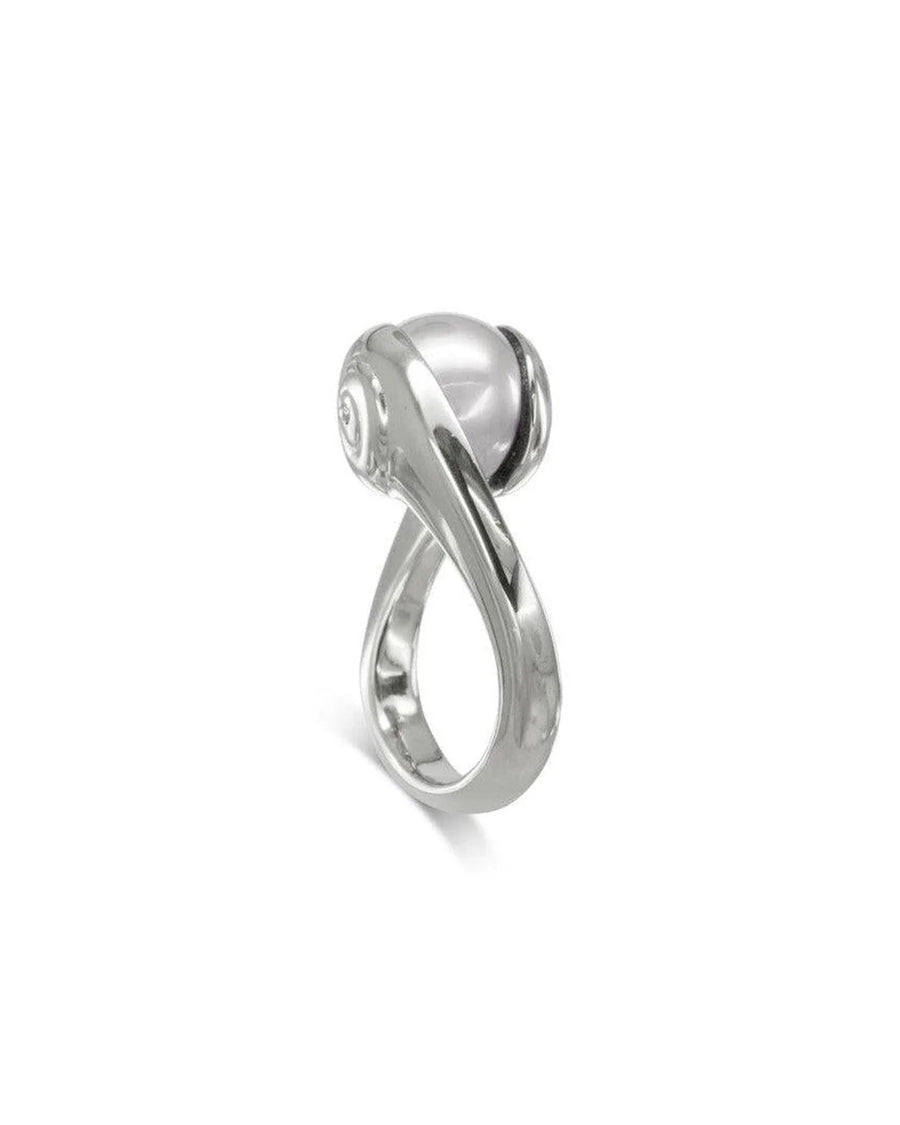 Silver spiral ring with suspended white pearl, modern organic design, fine jewellery