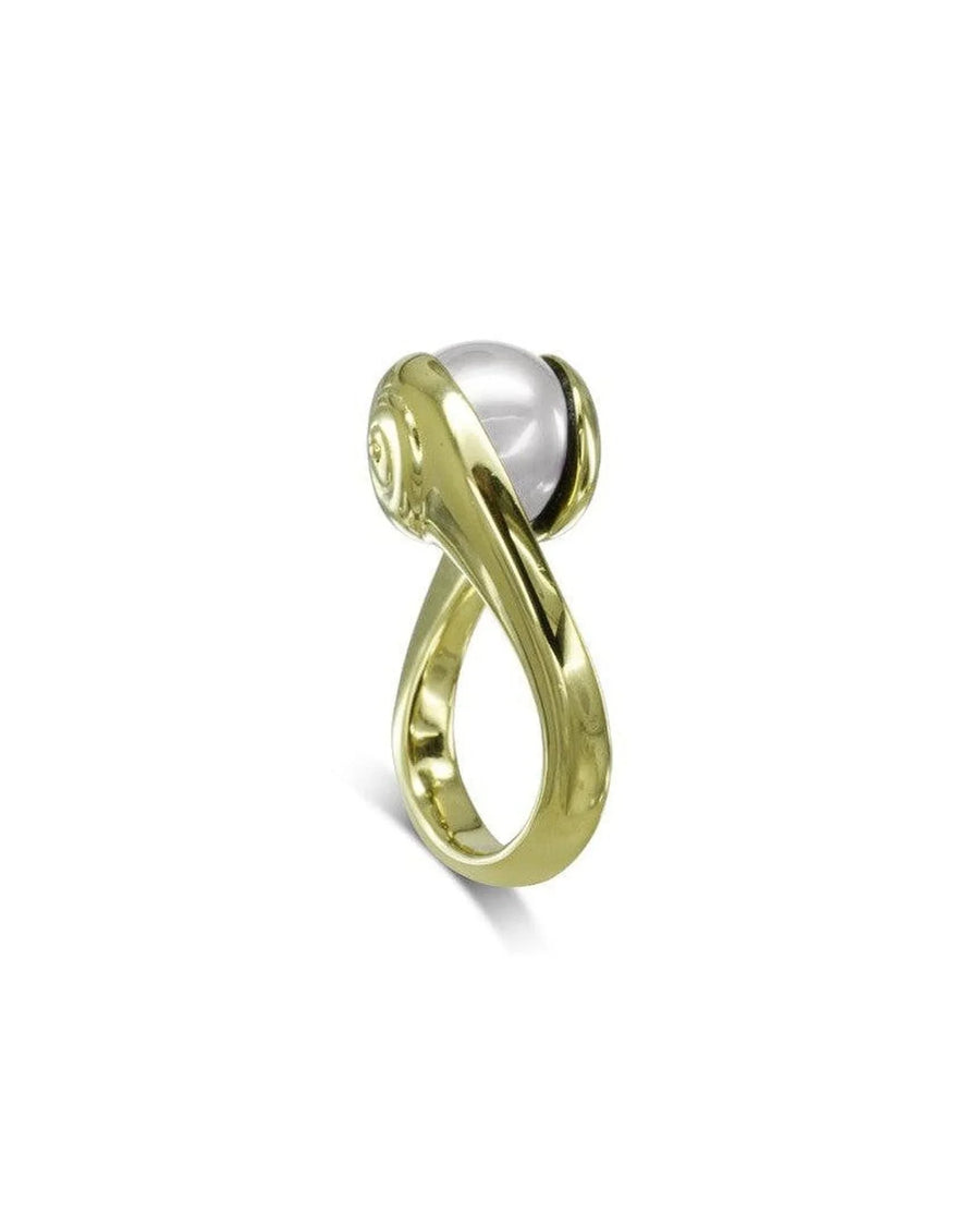 Gold spiral ring with suspended white pearl, modern organic jewellery design