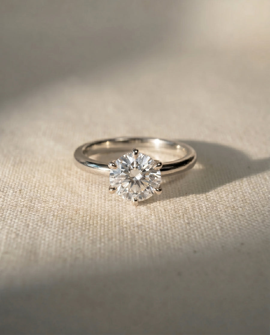 Platinum solitaire engagement ring with a round cut diamond.