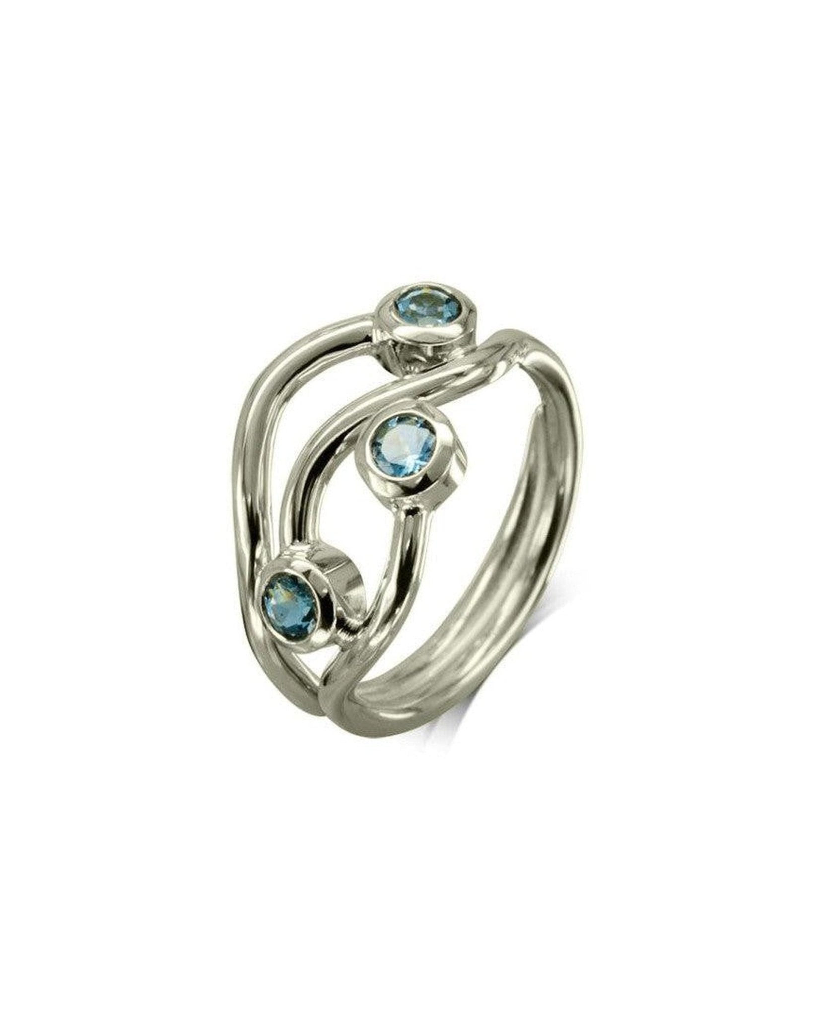 Three Strand Aquamarine 9ct Gold Dress Ring Ring Pruden and Smith Silver and Blue Topaz