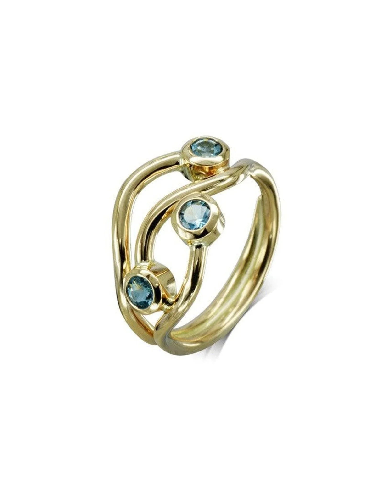Three Strand Aquamarine 9ct Gold Dress Ring Ring Pruden and Smith 9ct Yellow Gold