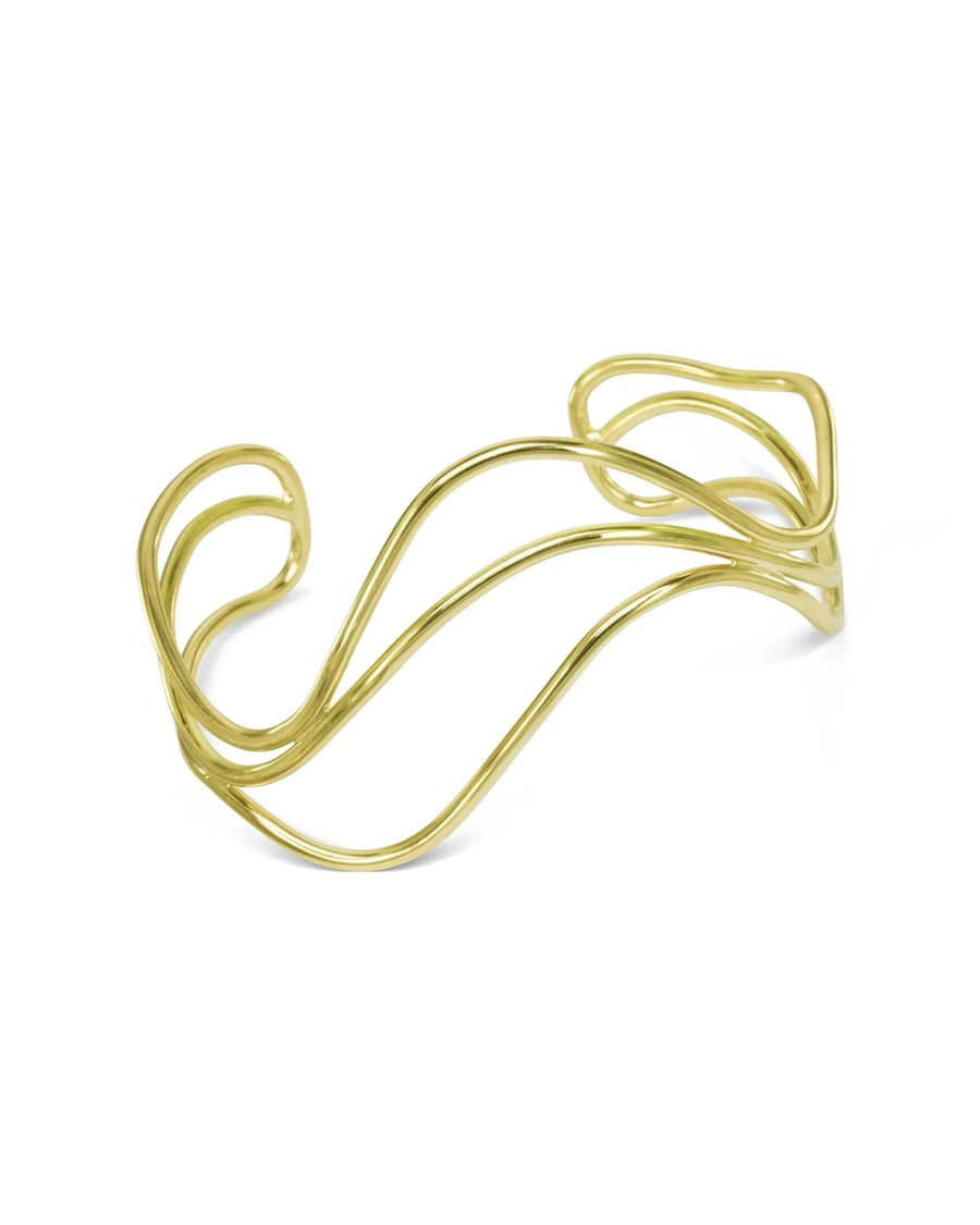 9ct solid gold three strand asymmetric bangle with a wavy design.