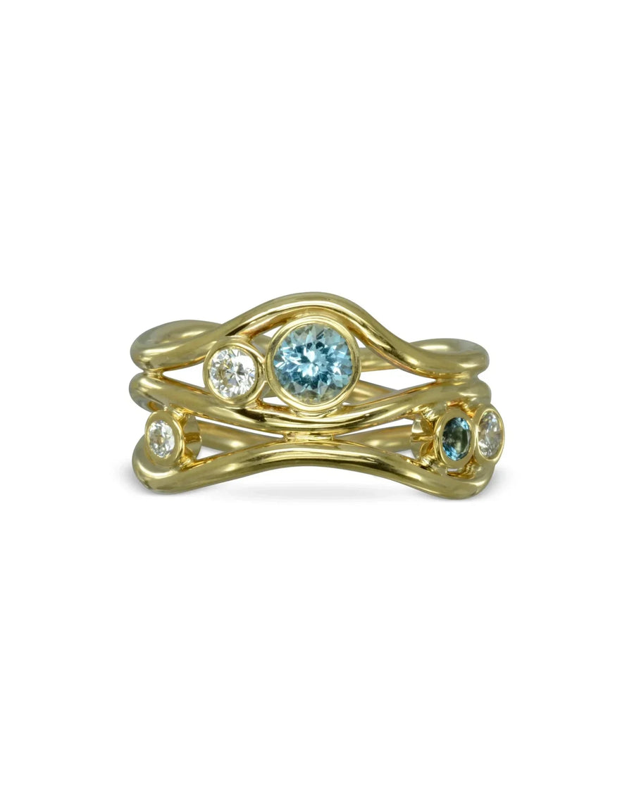 Three Strand Gemstone and Diamond 9ct Gold Dress Ring Ring Pruden and Smith