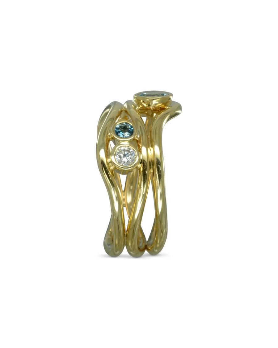 Three Strand Gemstone and Diamond 9ct Gold Dress Ring Ring Pruden and Smith