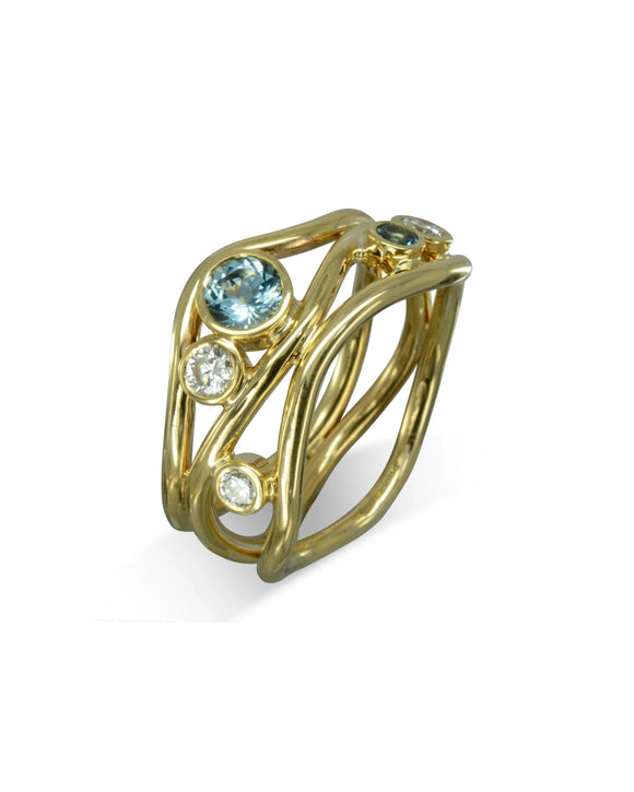 Three Strand Gemstone and Diamond 9ct Gold Dress Ring Ring Pruden and Smith 9ct Yellow Gold
