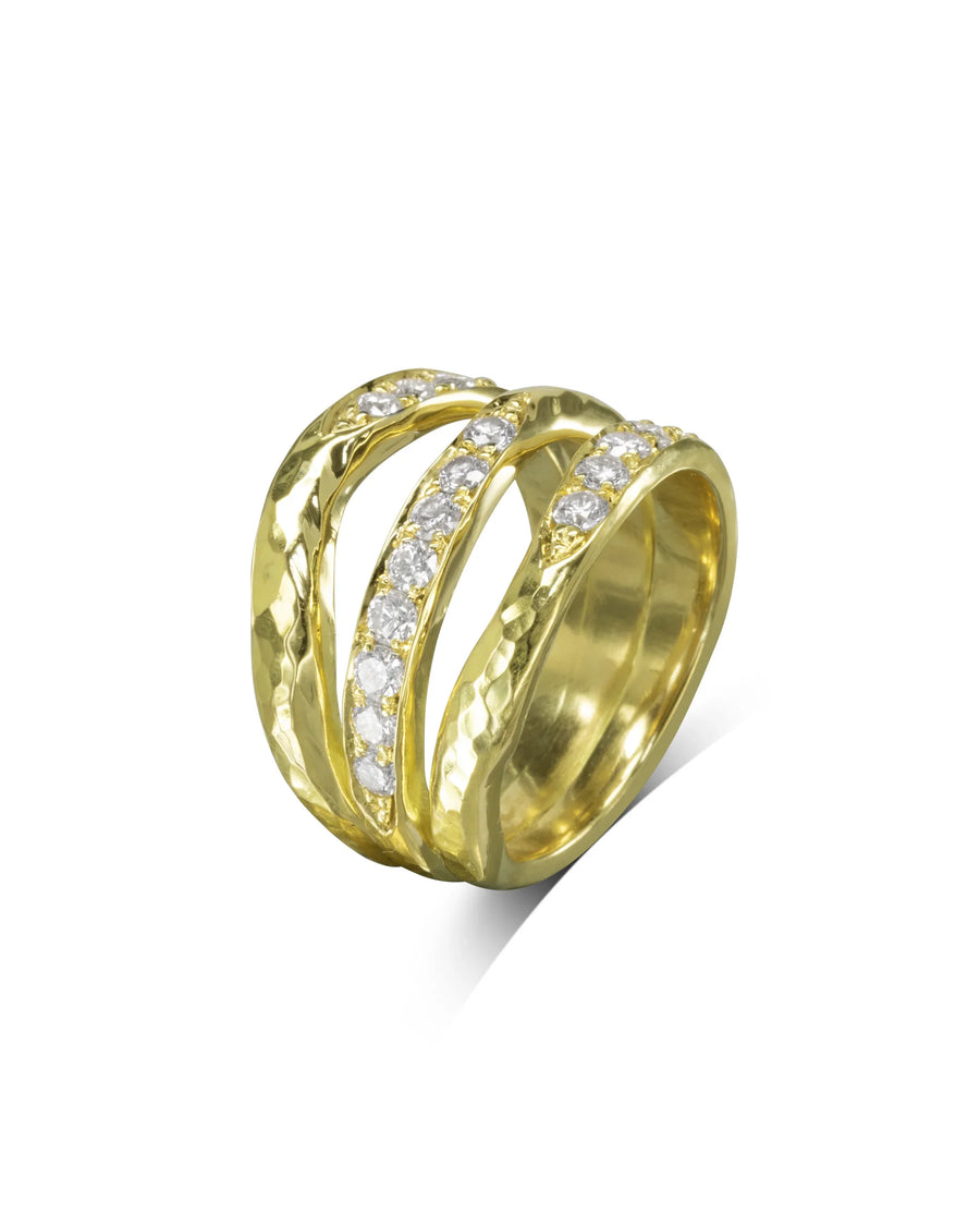 Unusual Three Strand Hammered Gold Diamond Ring Pruden and Smith