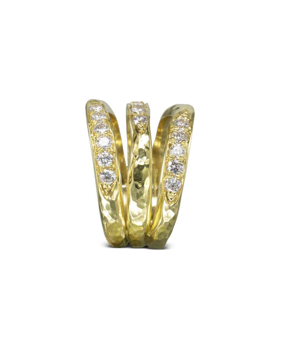 Side View Three Strand Hammered Gold Diamond Ring Pruden and Smith