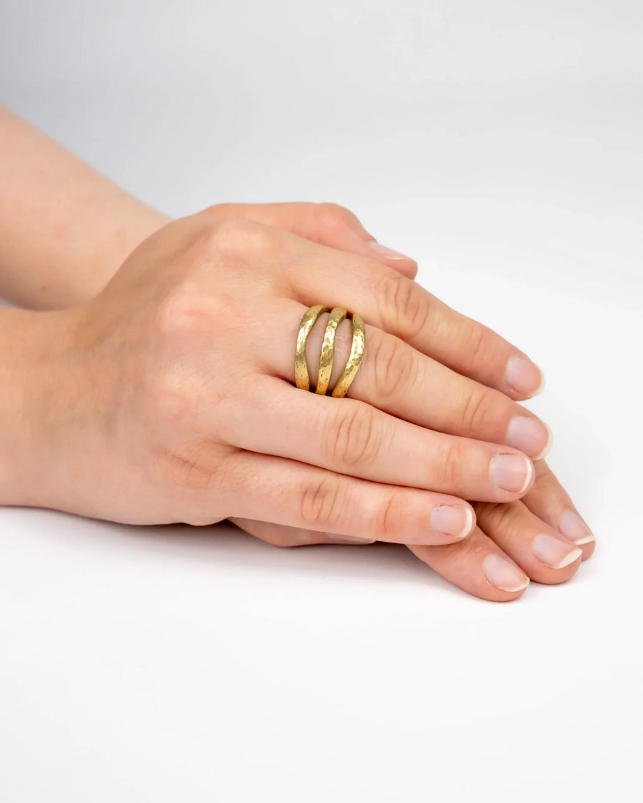 Three Strand Hammered Yellow Gold Diamond Ring Ring Pruden and Smith