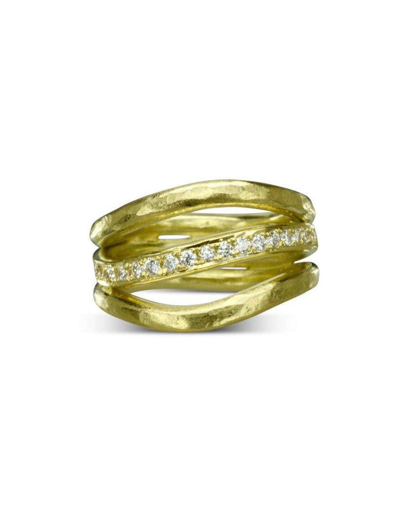 Three Strand Hammered Yellow Gold Diamond Ring Ring Pruden and Smith