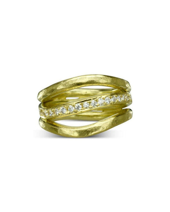 Three Strand Hammered Yellow Gold Diamond Ring Ring Pruden and Smith