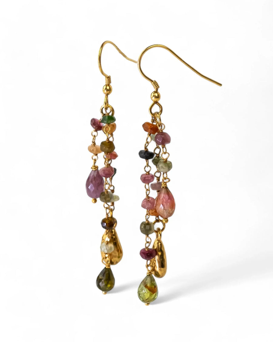 Gold dangle earrings with multicoloured tourmaline beads and tassel design