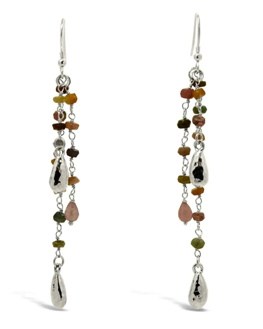 Long silver tassel earrings with multicolored tourmaline beads and hammered drops