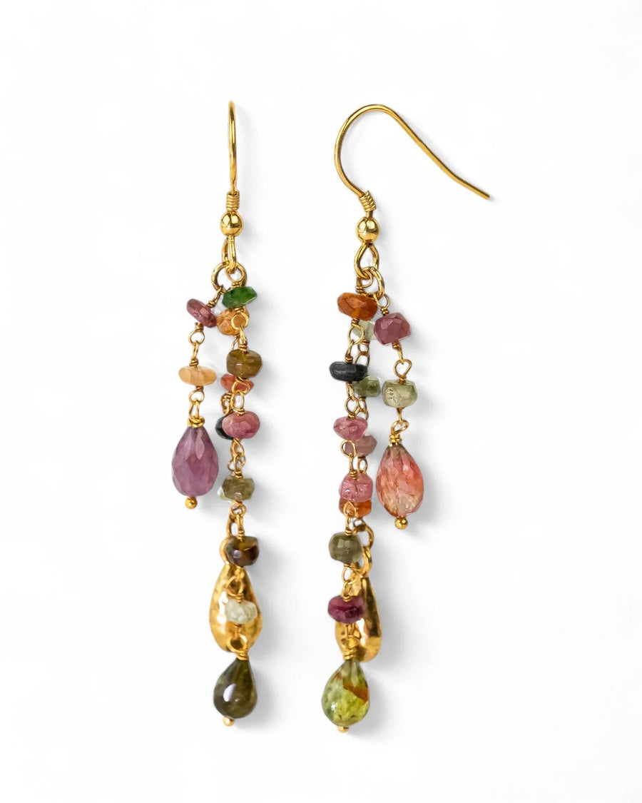 Gold tassel earrings with multicolored tourmaline beads and teardrop gemstones