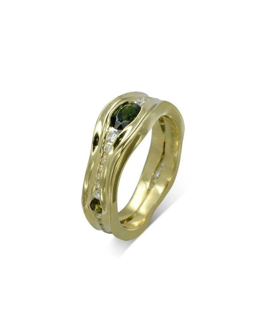 Gold dress ring with green tourmaline and sparkling diamonds in organic, sculpted design
