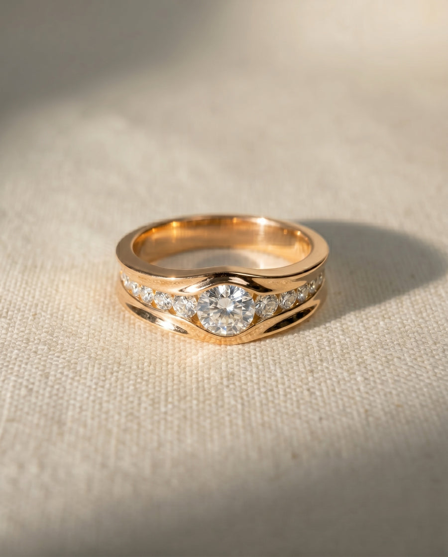 18ct rose gold trap diamond engagement ring with a 4mm band.