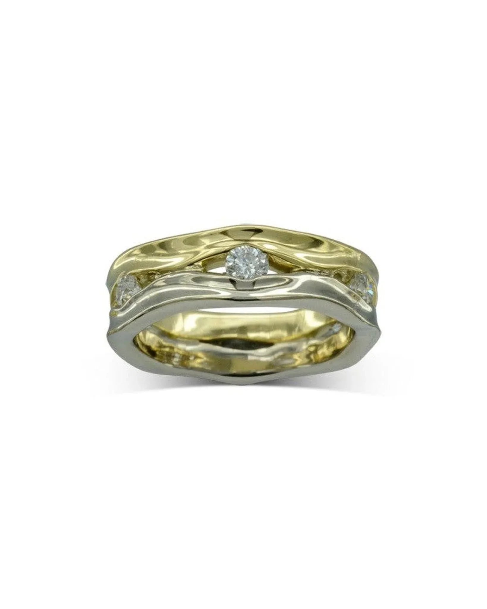 Gold and silver eternity ring with four round diamonds and organic, wavy design