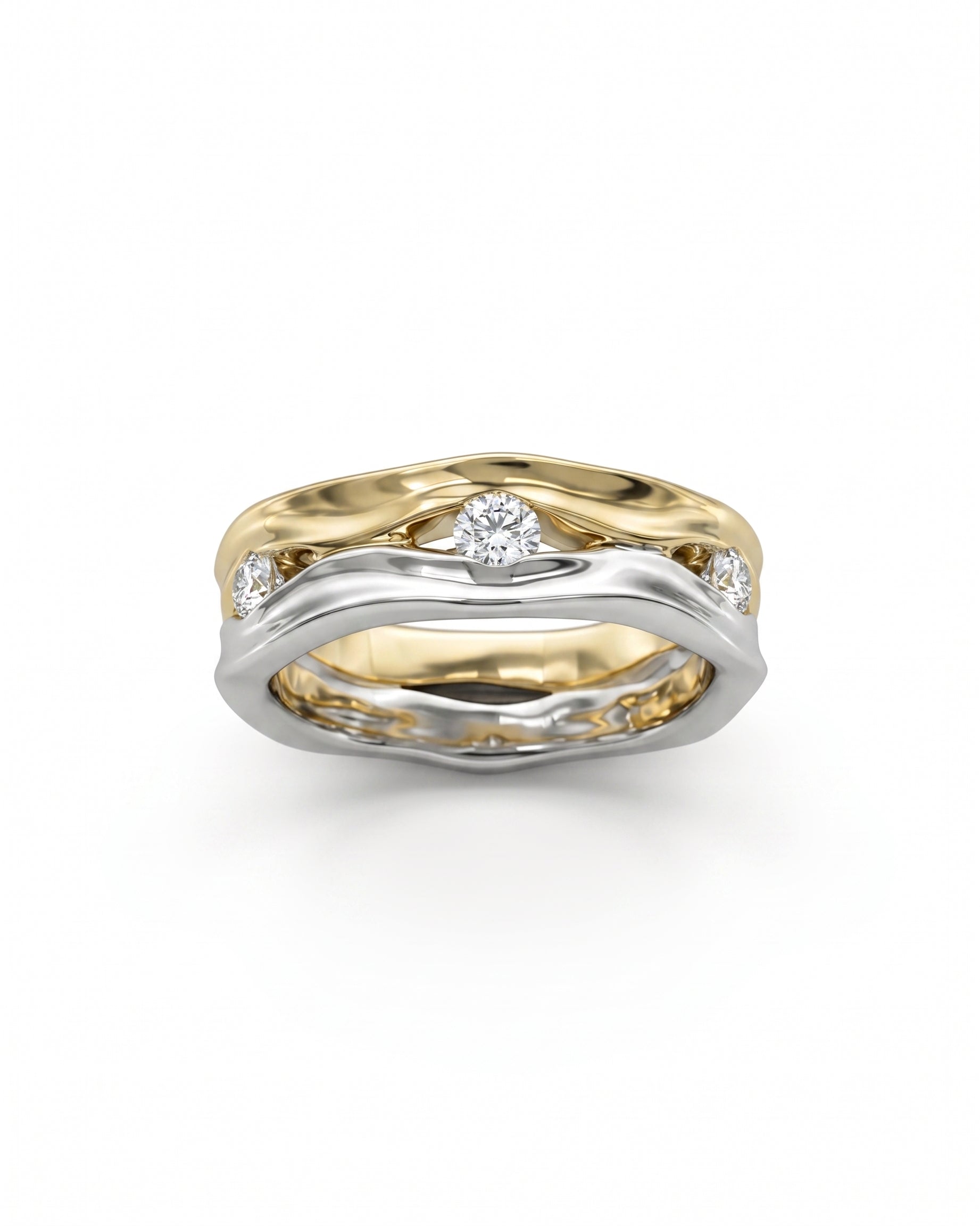 Two-tone gold and silver eternity ring with round diamonds.