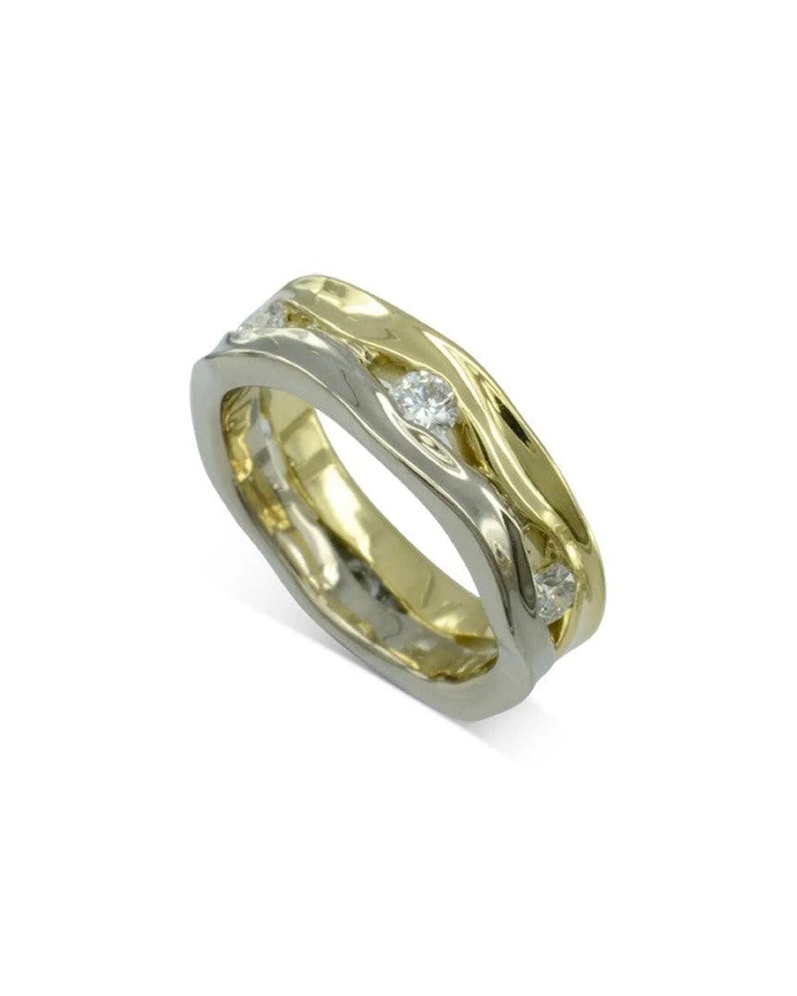 Two-tone gold eternity ring with round diamonds and organic wave design