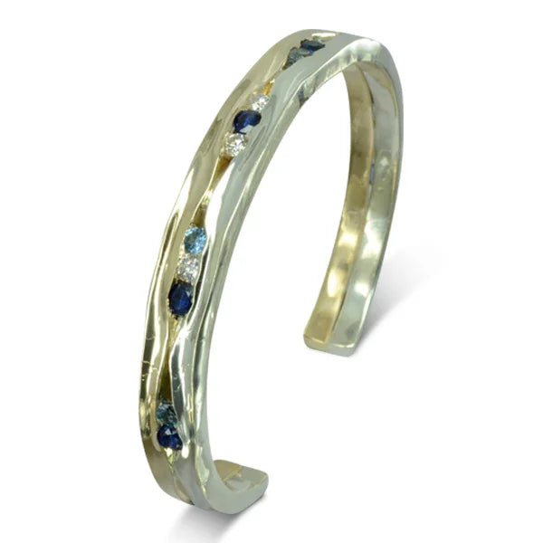 Hammered Sapphire and Diamond Solid 9ct Gold Bangle Pruden and Smith