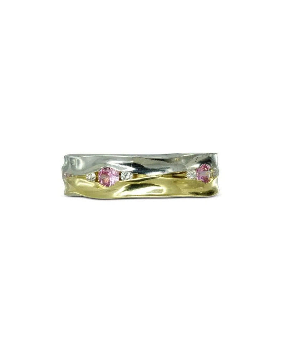 Gold and silver hammered eternity ring with pink sapphires and diamonds.