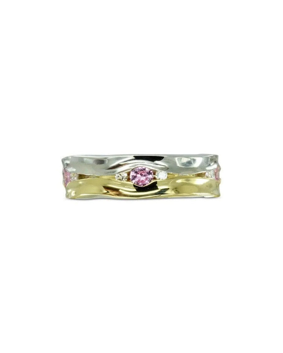 Gold and silver hammered eternity ring with pink sapphires.