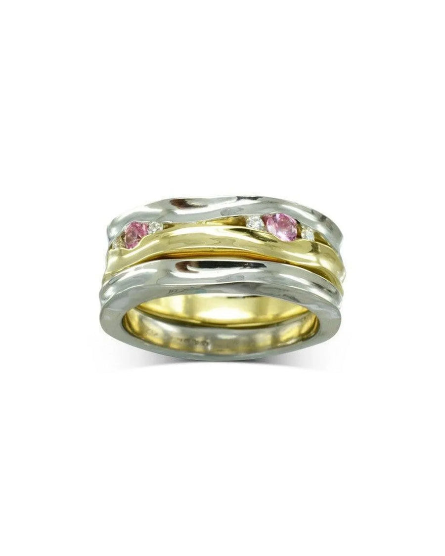 Gold and silver hammered eternity ring with pink sapphires and diamonds.