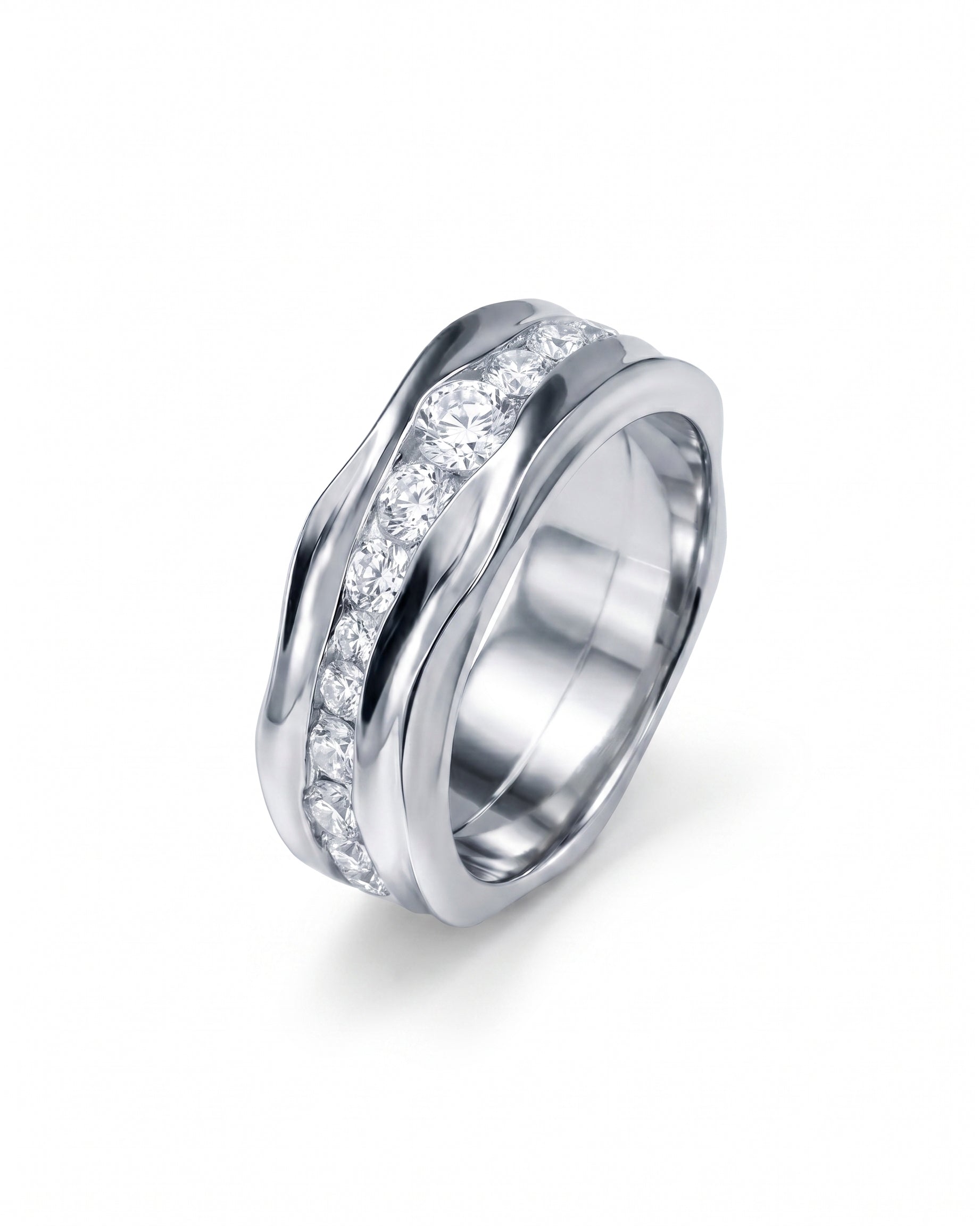 Platinum and diamond full eternity ring with a wavy design.
