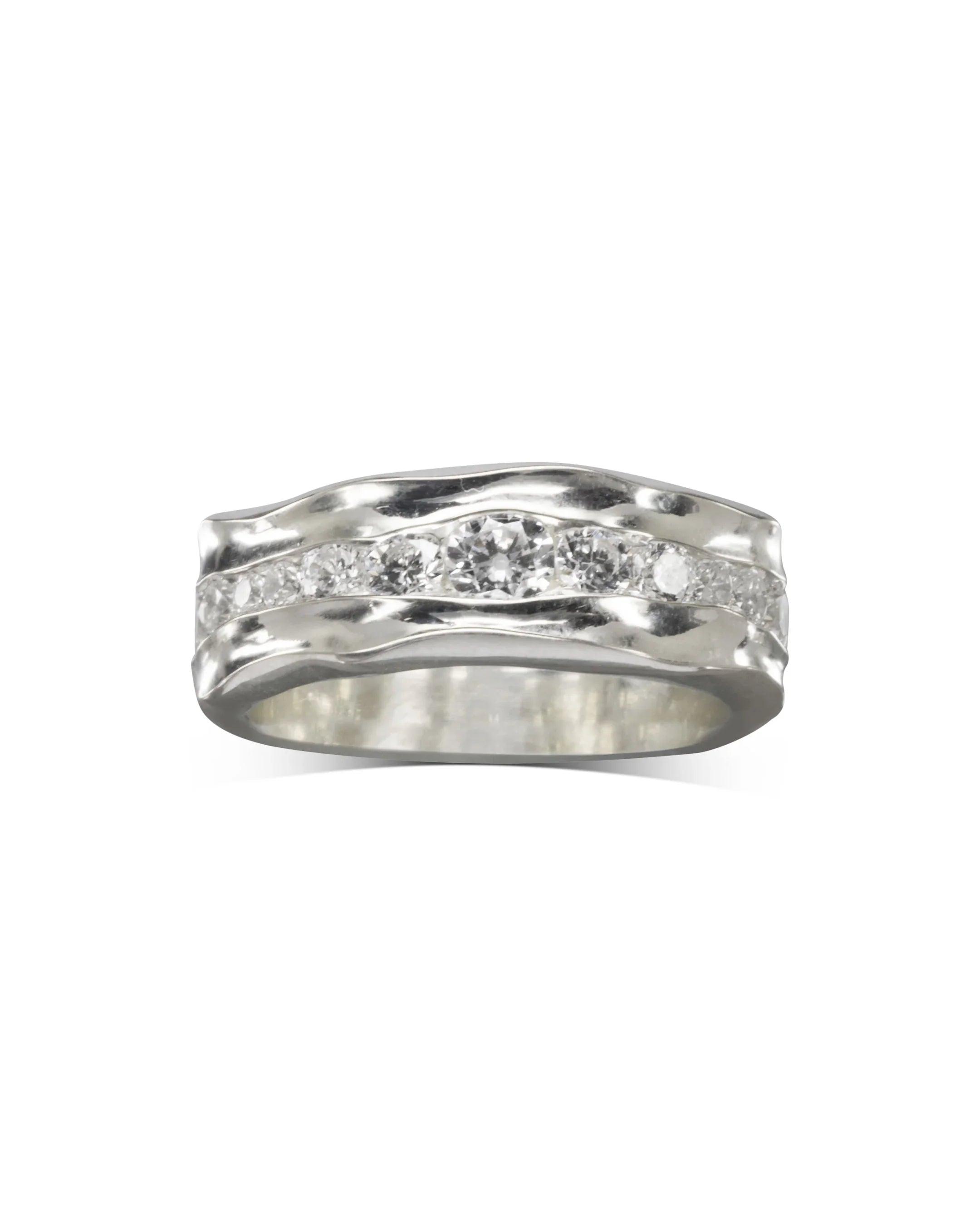 Platinum full eternity ring with wavy bands and a row of diamonds.