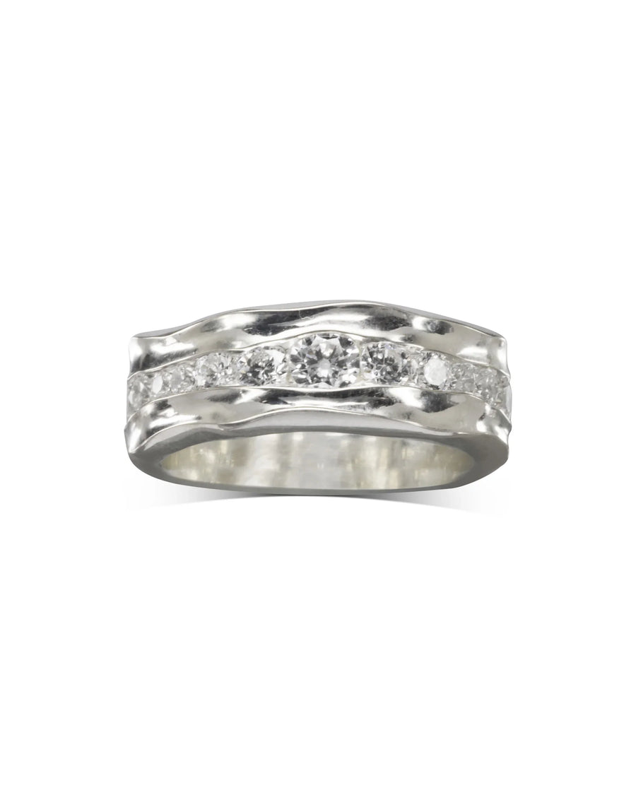 Platinum full eternity ring with wavy bands and a row of diamonds.