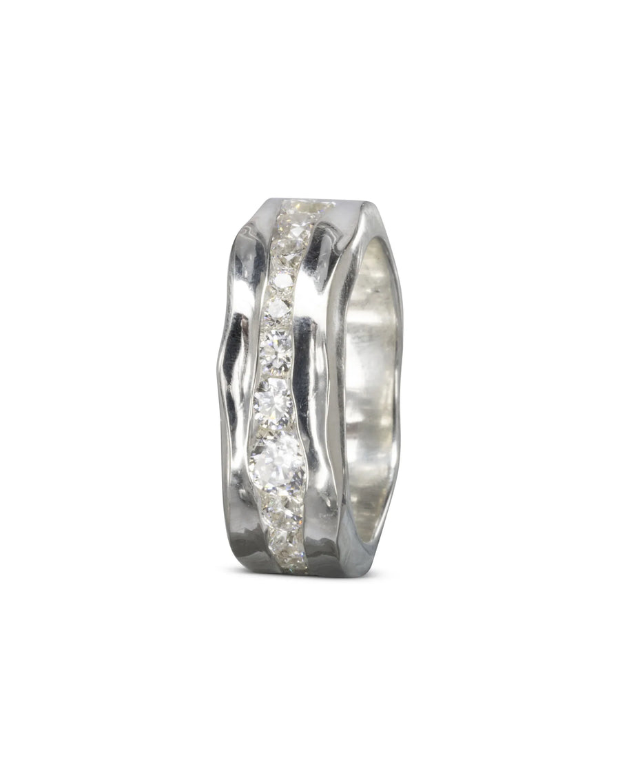 Platinum eternity ring with a wavy band and a row of round diamonds.