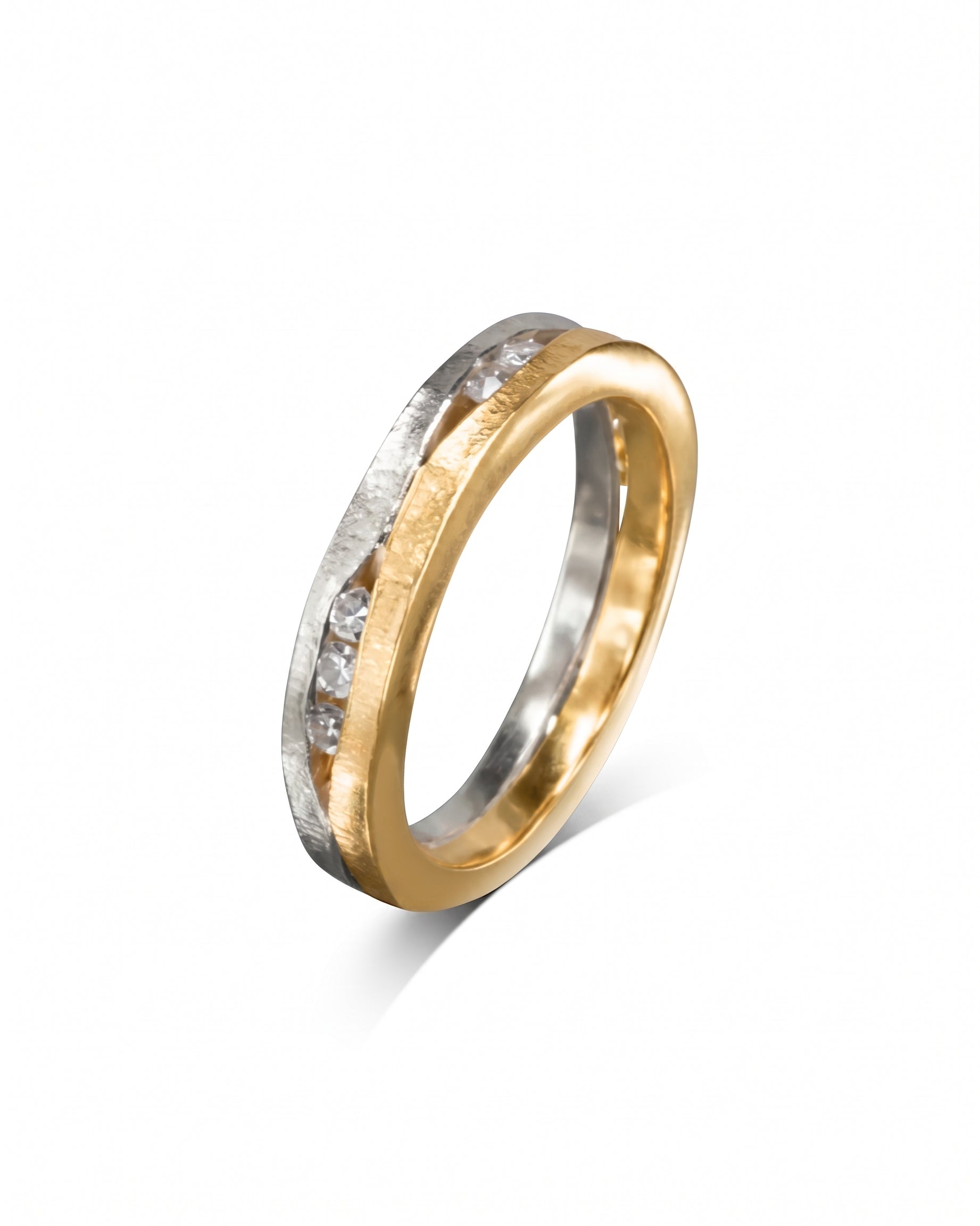 Trap textured two-colour diamond ring, 4mm, gold and silver with channel-set diamonds.