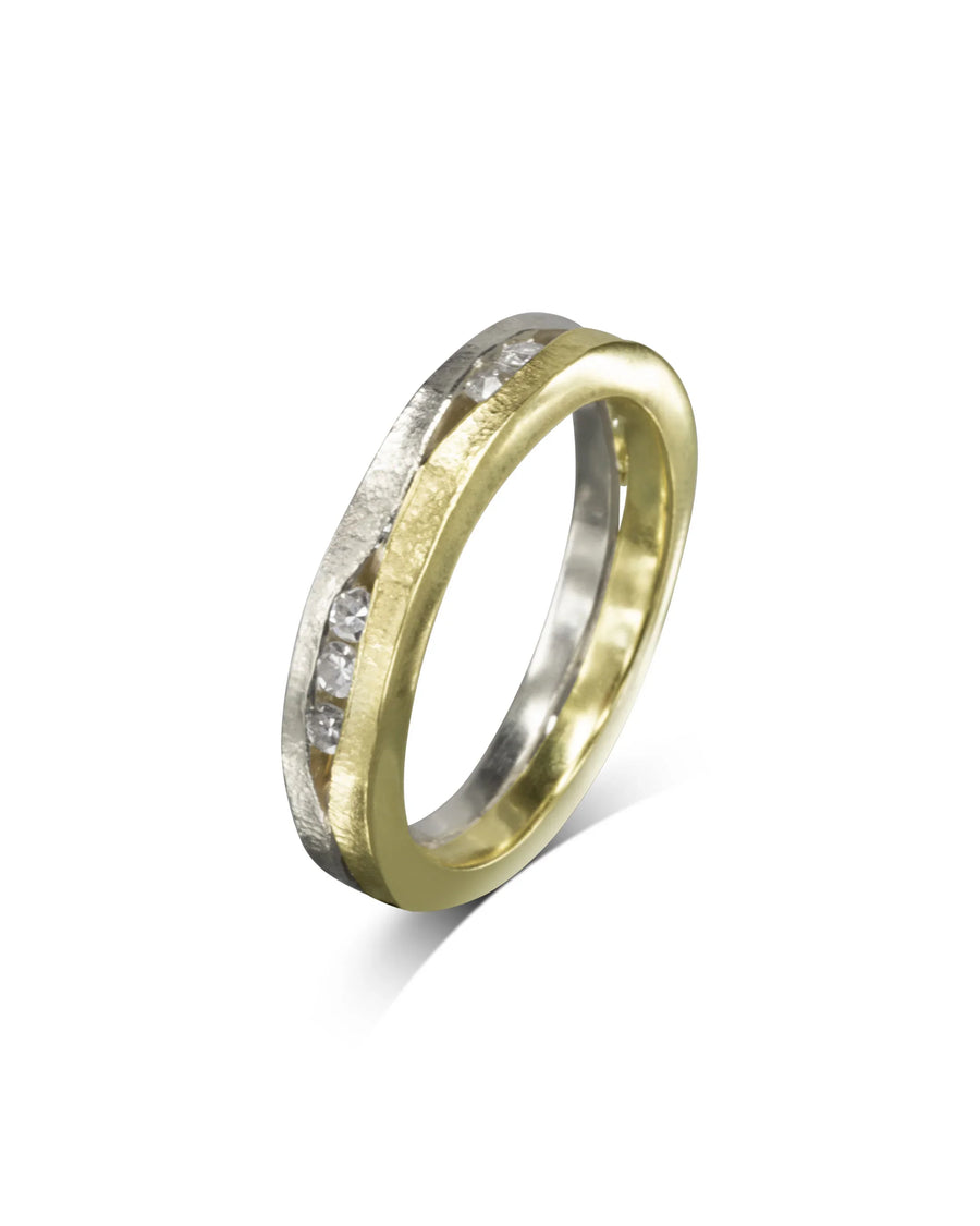 Two-colour textured diamond ring, 4mm, with gold and silver bands.