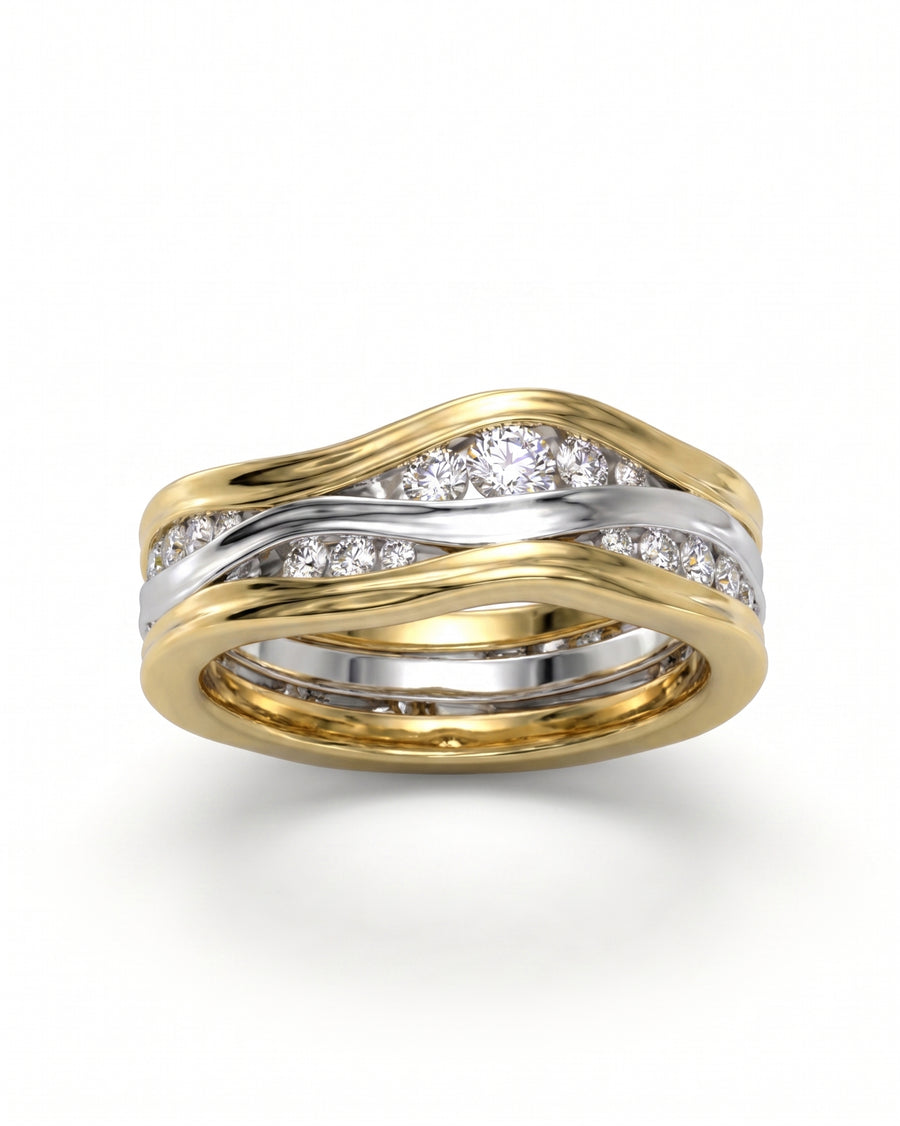 Gold and white gold three band diamond full eternity ring with wavy design.