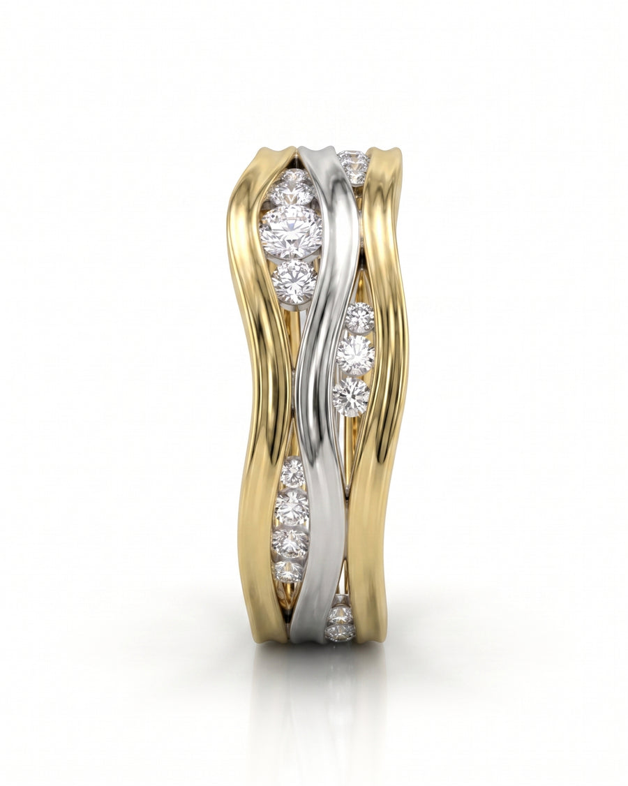 Gold and silver three-band diamond full eternity ring with wavy design.