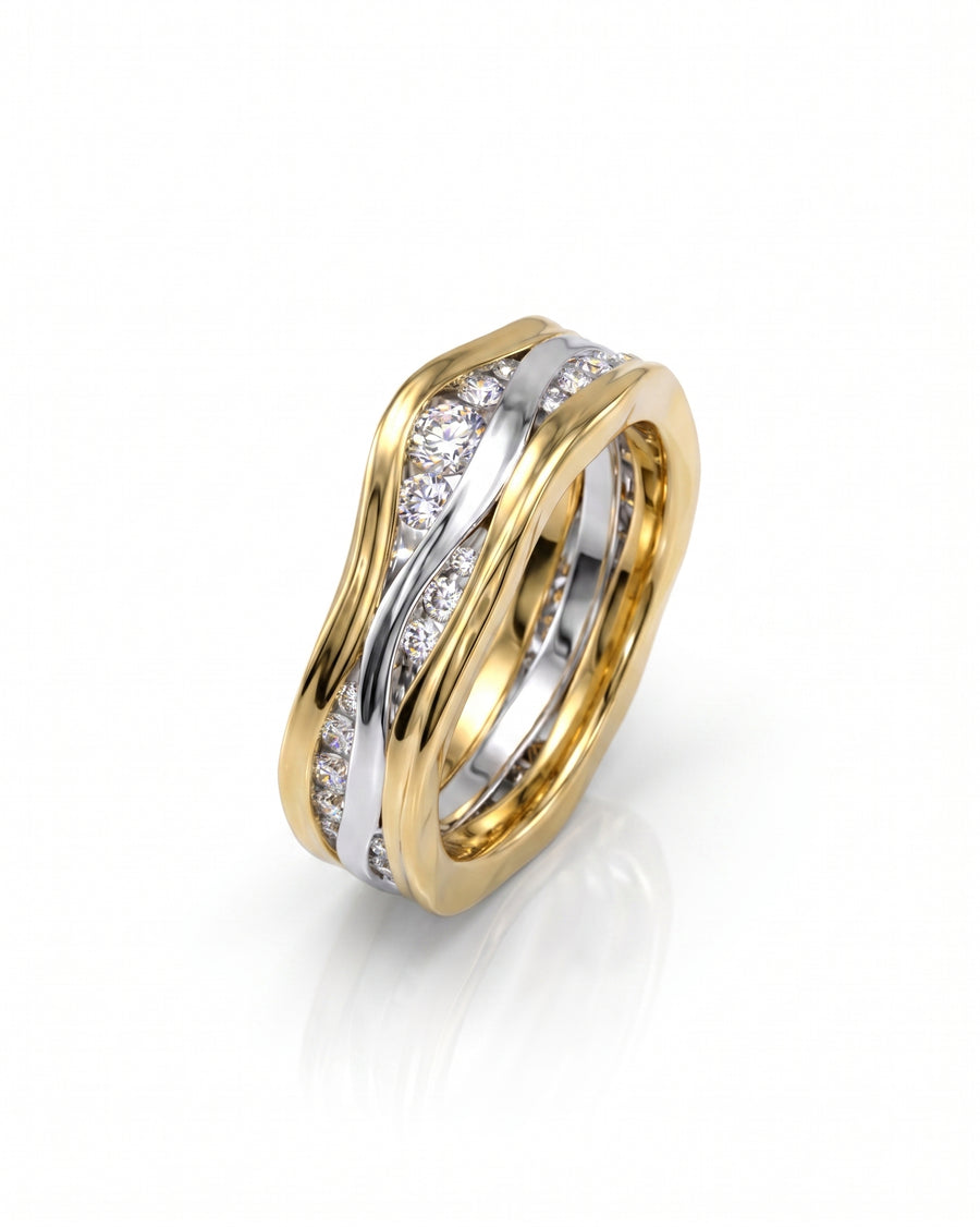 9ct white and yellow gold three-band eternity ring with diamonds.