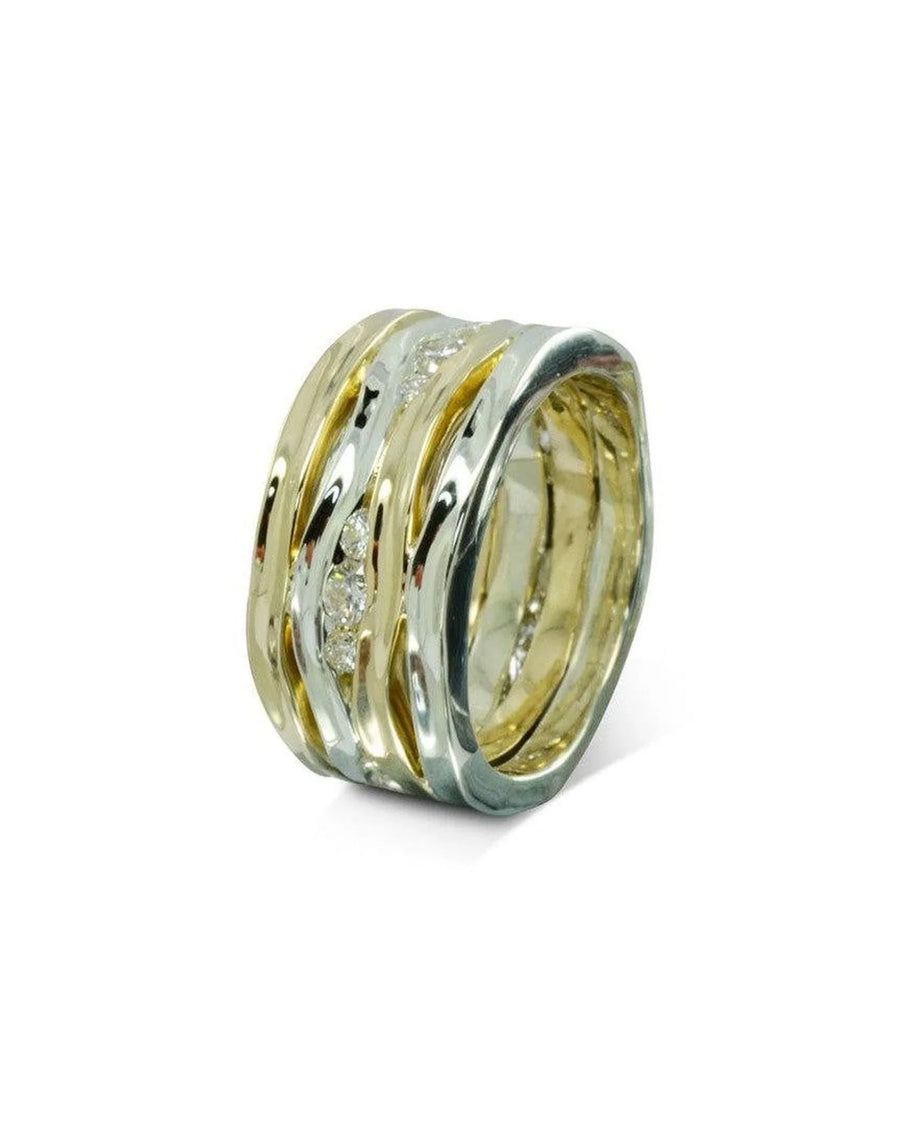 Wide eternity ring with interlocking yellow and white gold bands and inset diamonds