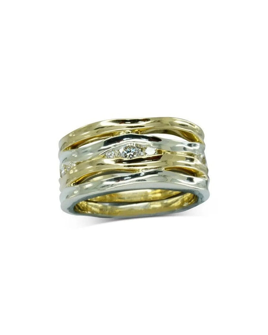 Handmade two-tone gold eternity ring with wavy bands and central diamond accent