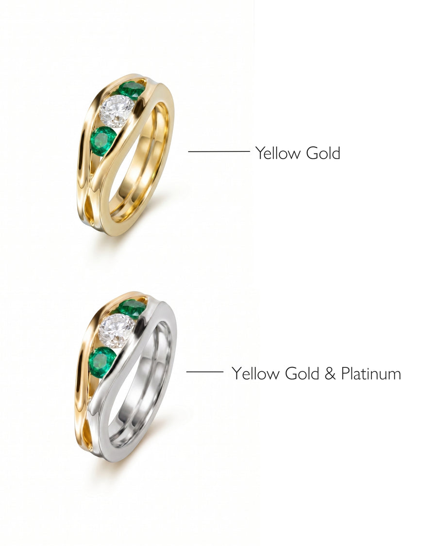 Yellow gold and two-tone rings with emeralds and a diamond.