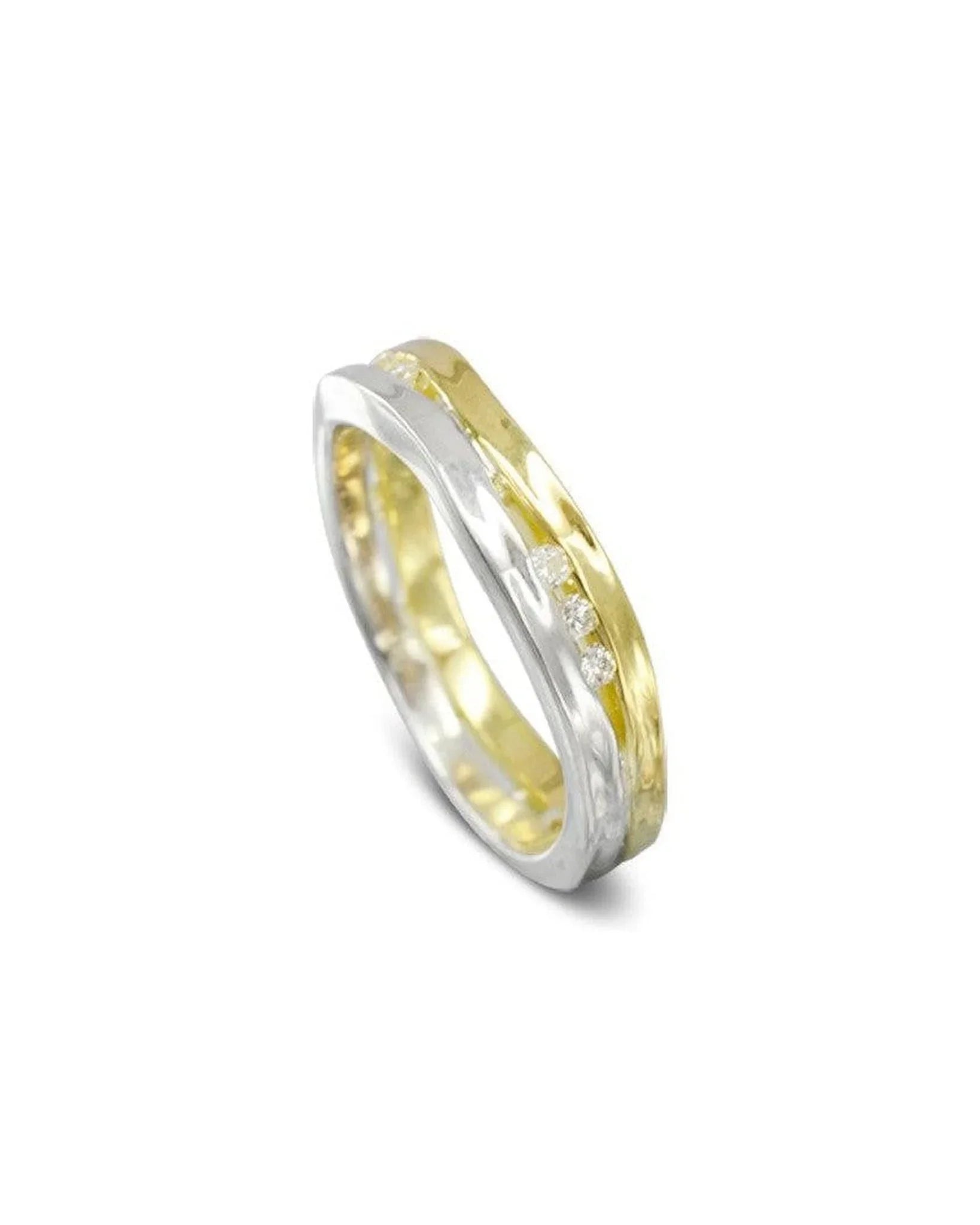 Two tone eternity ring with yellow gold, silver bands and inset round diamonds