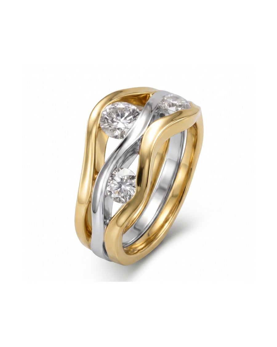 Platinum and 18ct yellow gold ring with three round diamonds in a two-colour interwoven design.