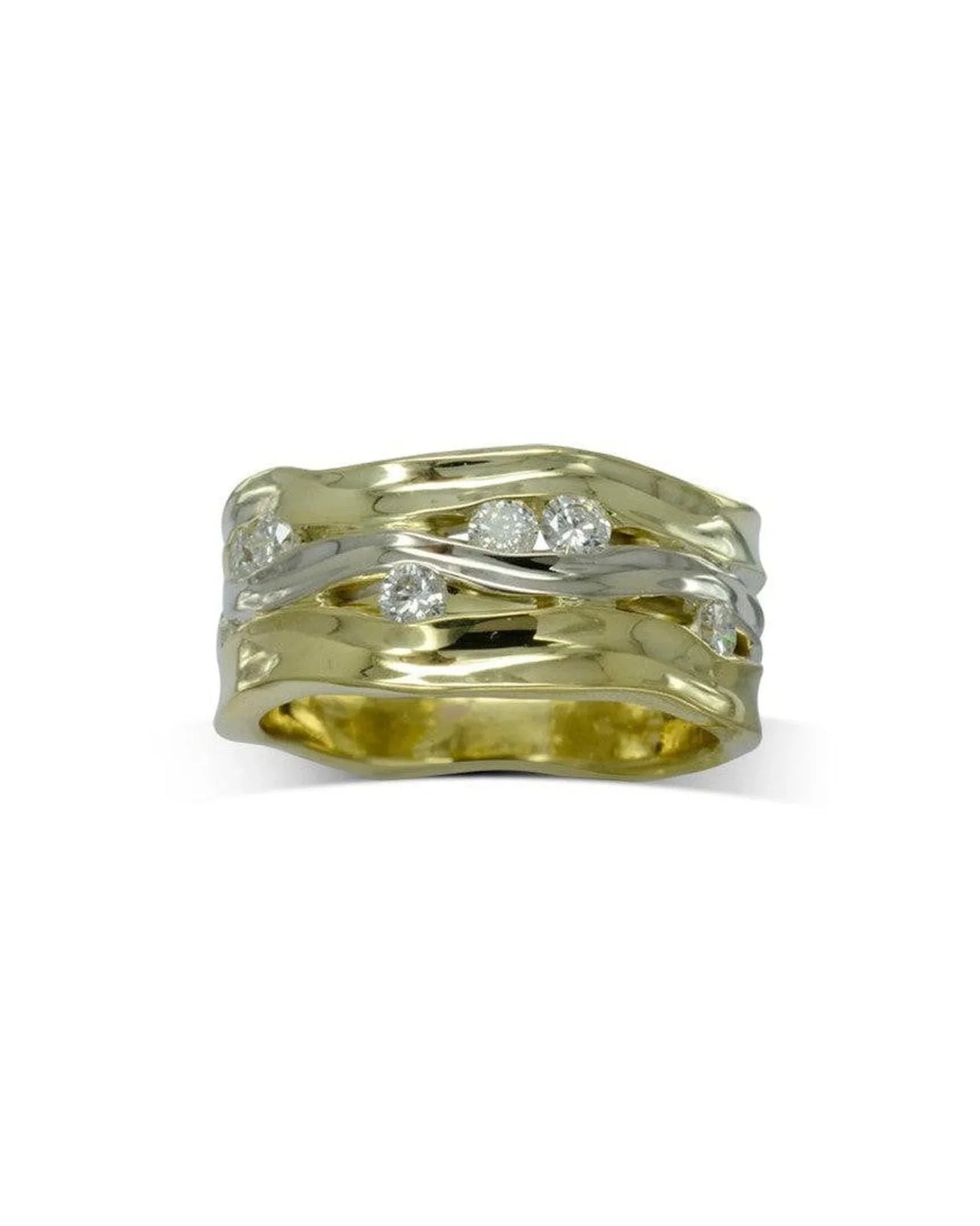 Wide three-band yellow and white gold eternity ring with scattered round diamonds