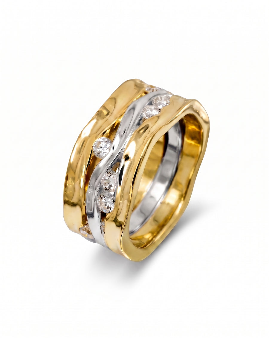 9ct white and yellow gold wide three-band diamond eternity ring.