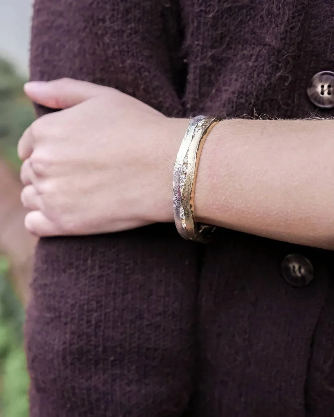 Trap Wide Two Tone Gold Diamond Bangle Pruden and Smith on Model