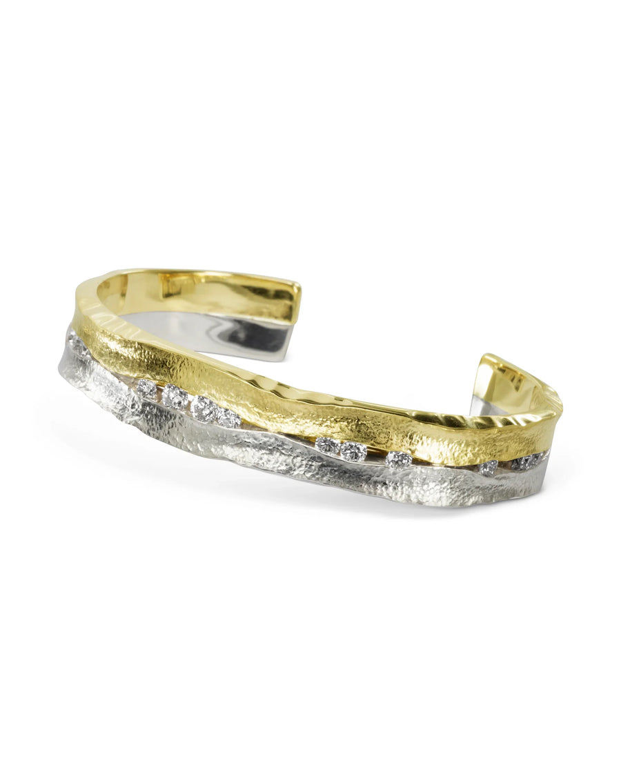 Unusual Trap Wide Two Tone Gold Diamond Bangle Pruden and Smith
