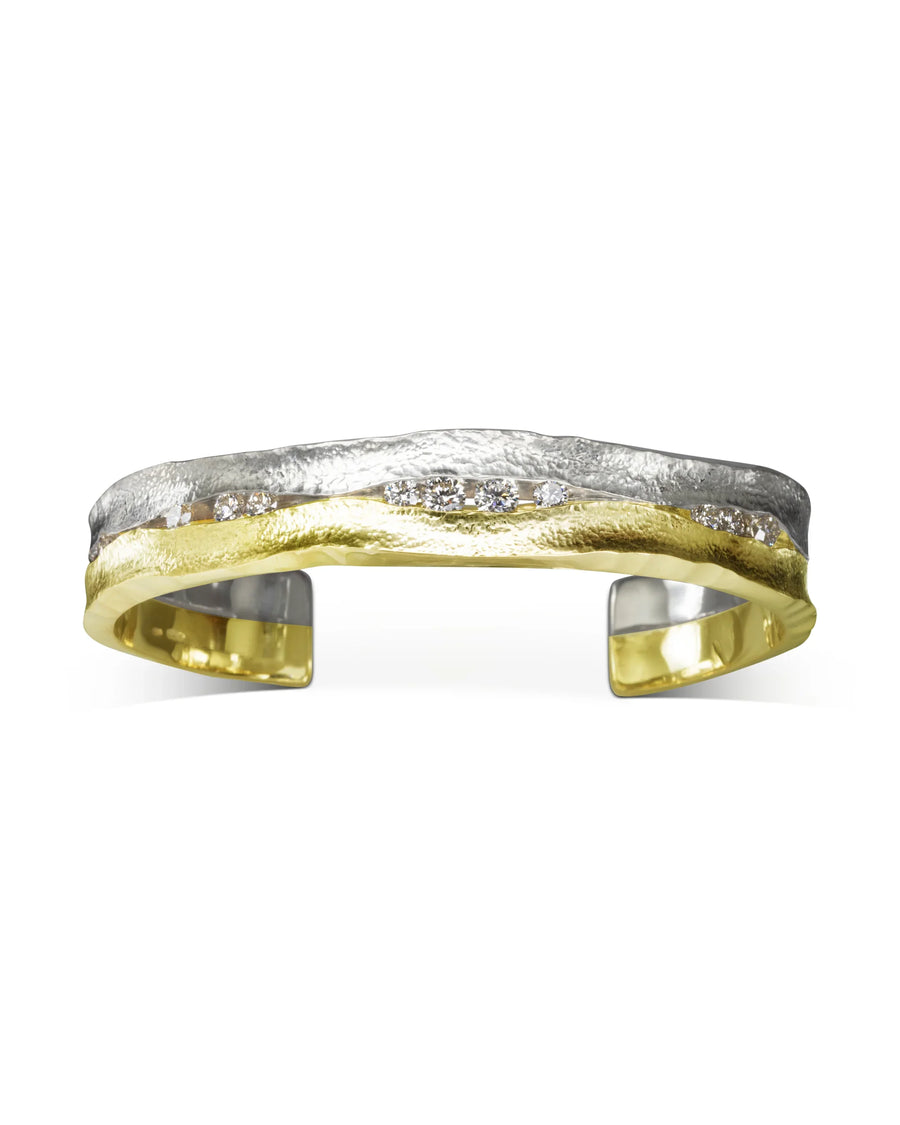 Hand Made Trap Wide Two Tone Gold Diamond Bangle Pruden and Smith