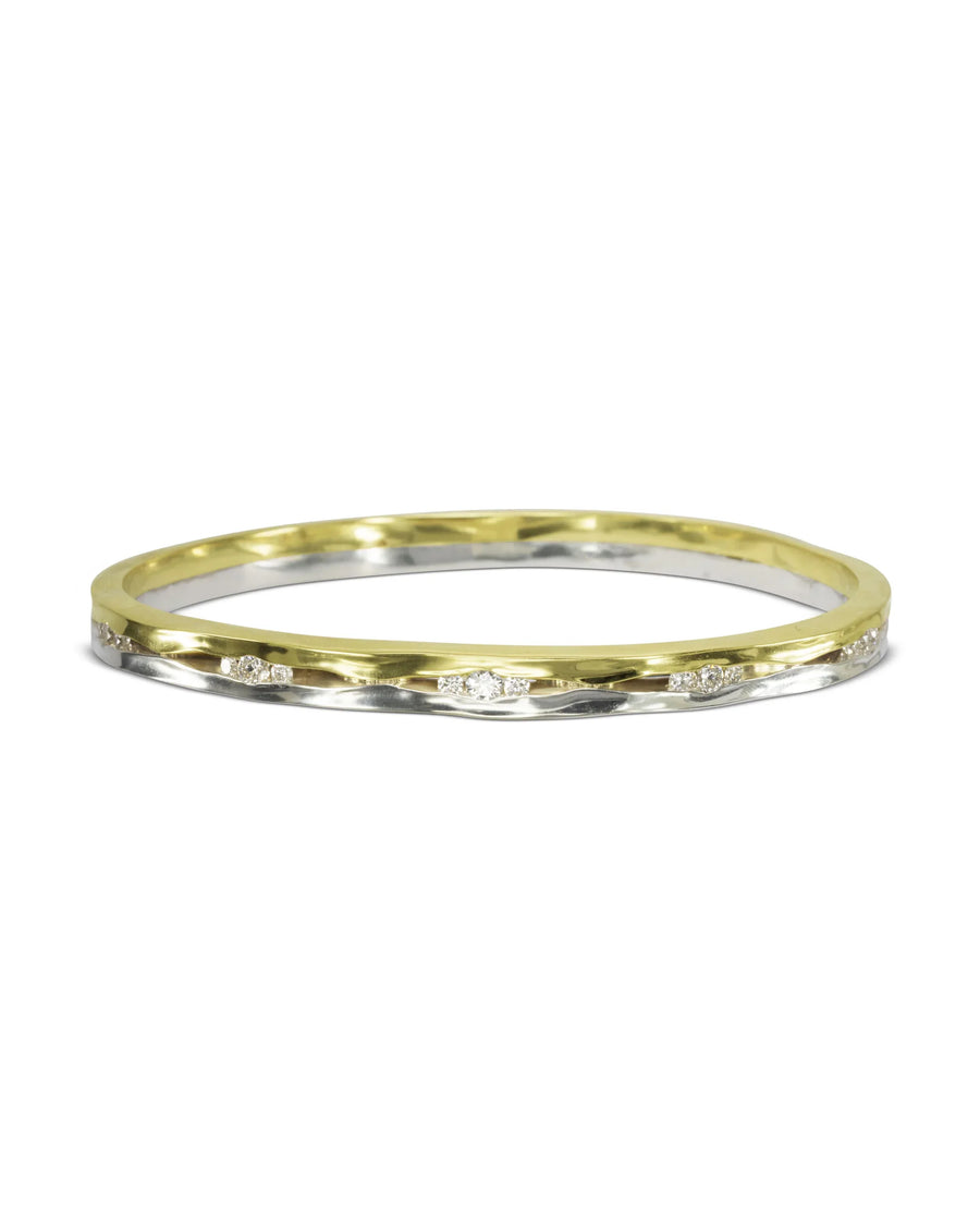 Mixed metal diamond bangle with yellow gold and silver, handmade luxury jewellery