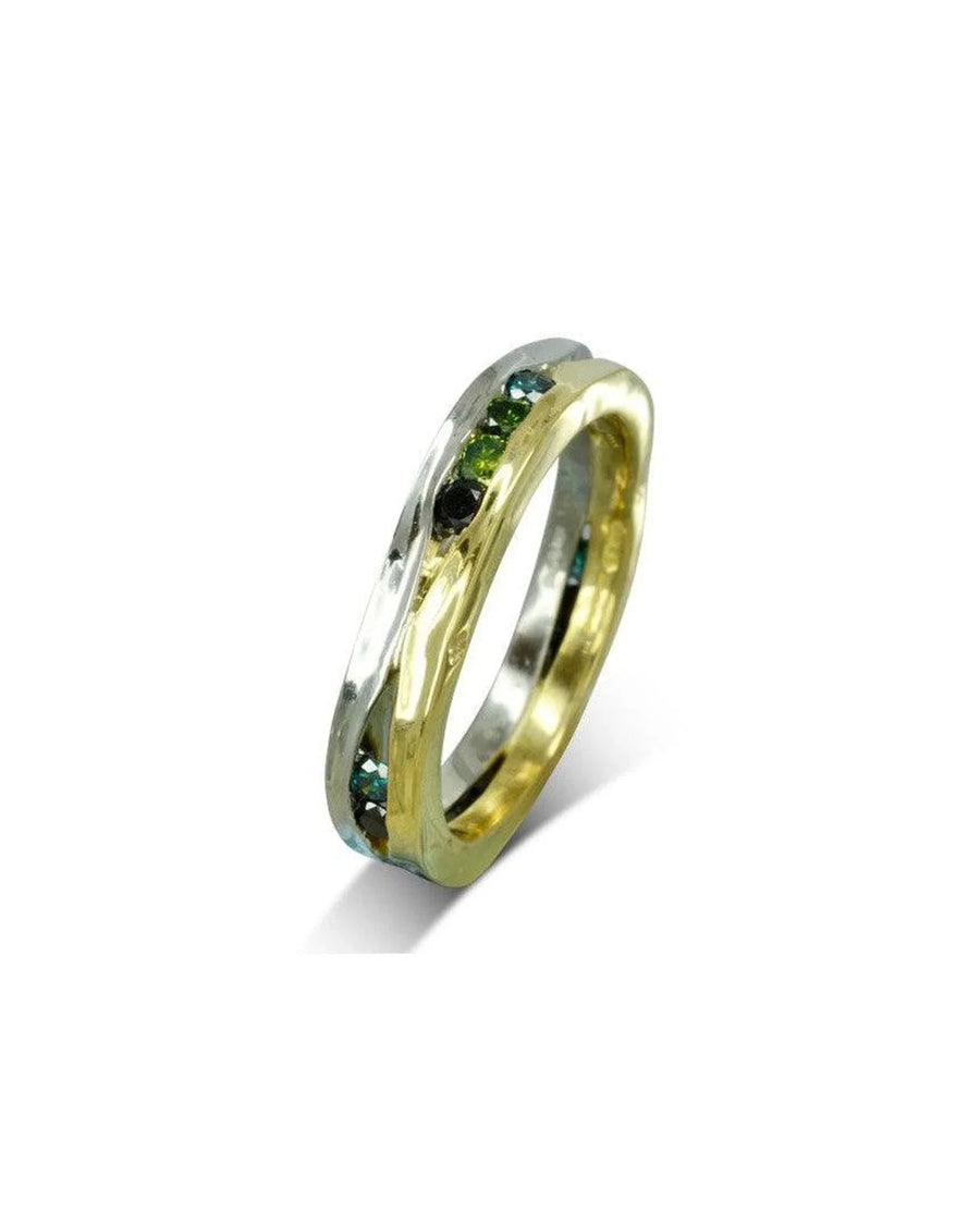 Yellow gold and white gold ring with green diamonds and sapphires.