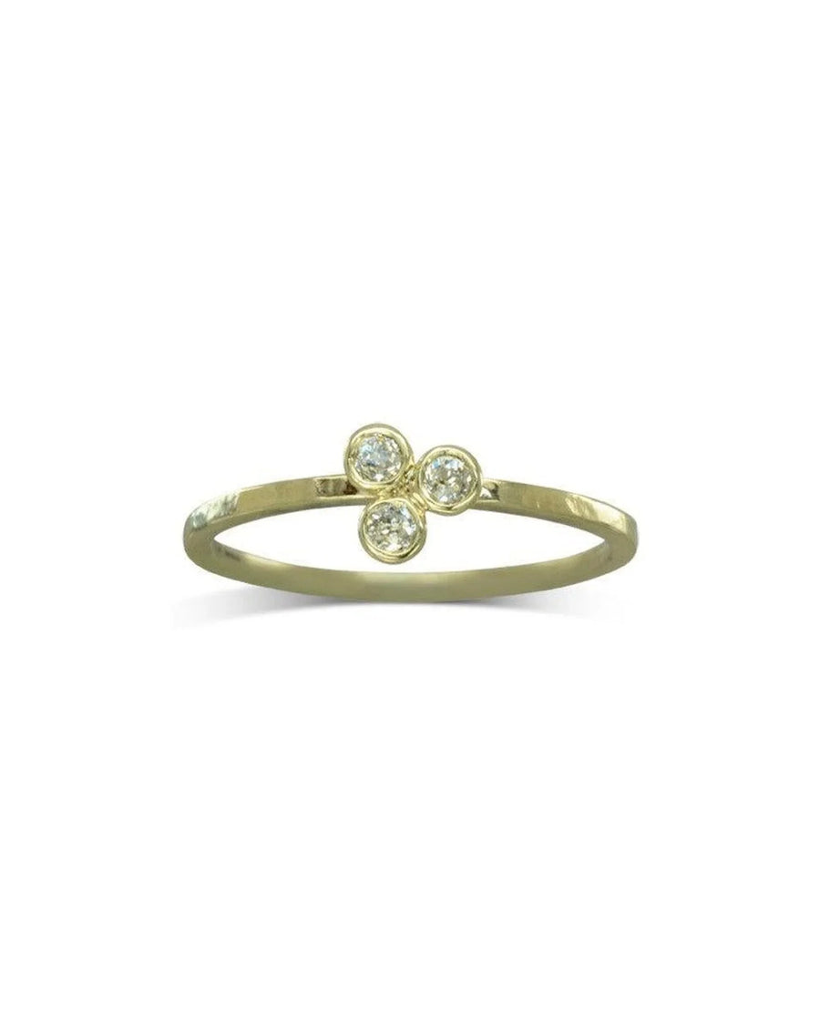 Gold stackable ring with three round diamond gemstones in a trefoil design.